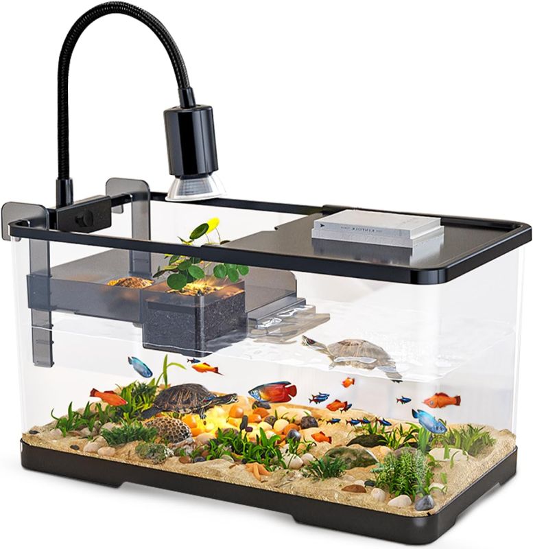 Photo 1 of (Tank + Light + Filter + Filter Balls) Turtle Tank Kit, Turtle Tank Starter Kit,Bottom Drainage, Multi-Function Areas for Turtles, Crabs,Fishes, Amphibians,Reptiles. (21.65 × 12.28 × 12.28 Inch)