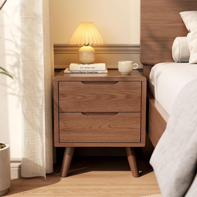 Photo 1 of Solid Wood Nightstand Walnut Night Stand with Drawers Mid Century Modern Nightstand with Storage,Wood Night Stand,Small Bedside Table for Bedroom,Living Room,Office,Walnut Bedside Table