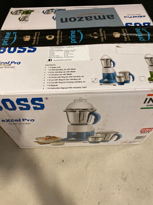 Photo 1 of BOSS Excel Pro 3-Jar Mixer Grinder Kitchen Grinding Genius 750 Watt Powerful Motor, 3 Variable Speed with Incher, 110V,Blue