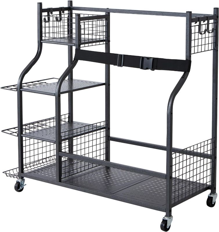 Photo 1 of Happybuy Golf Storage Garage Organizer, 2-Bag Stand Holder, Sports Equipment Rack, Rolling Ball Cart with Baskets & Hooks, Steel, Black, Outdoor Gear & Toy Storage