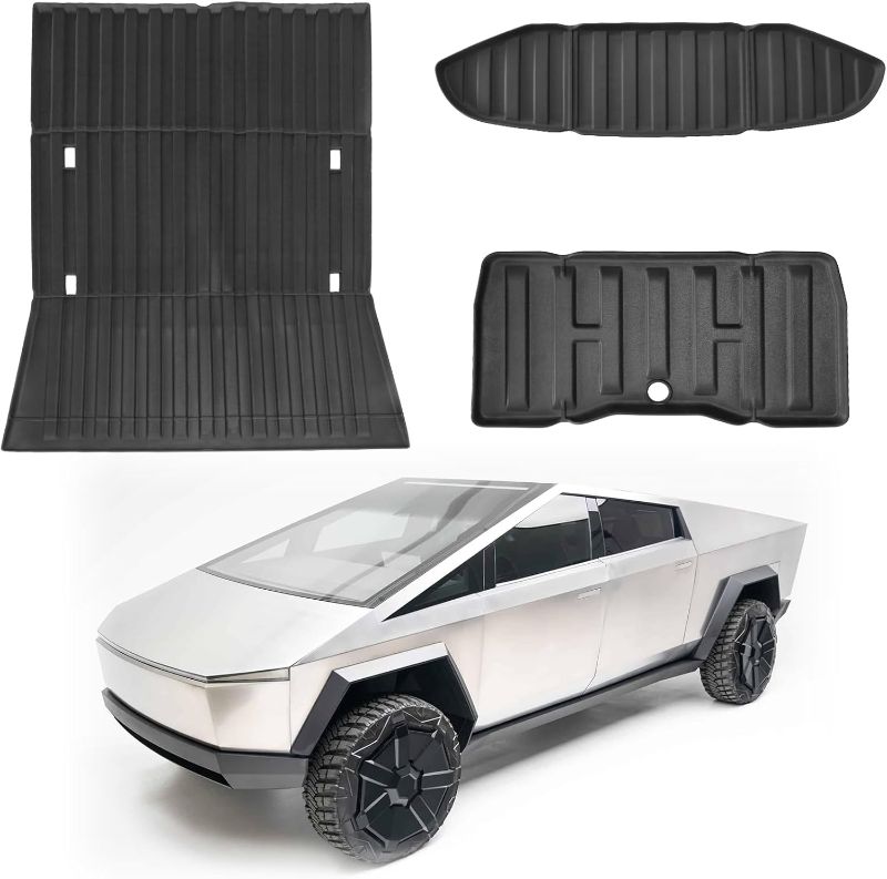 Photo 1 of PENSUN Truck Bed Mat Fit for Tesla Cybertruck 2023 2024 2025, All Weather Automotive Cargo Mat Cargo Liner for Cybertruck Accessories, Custom Fit TPE Trunk Bed Mat Set, Black (3PCS)