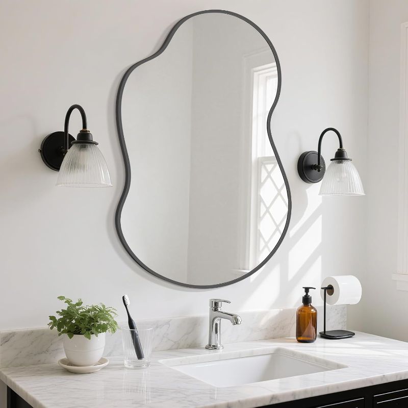 Photo 1 of HOMECOOKIN Irregular Wall Mirror, Large Asymmetrical Mirror with Black Aluminum Frame, 46" H x 26" W, Decorative for Living Room, Bedroom, Bathroom, Entryway