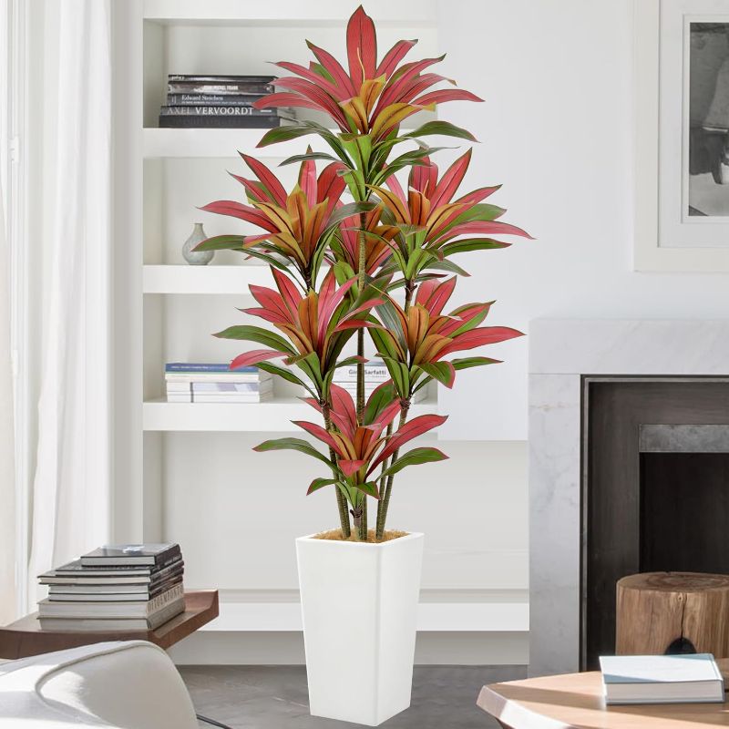 Photo 1 of Artificial Red Dracaena Tree 6FT with 114 Leaves & 7 Heads & White Tall Planter Cover with Coconut Fiber Tall Faux Tropical Silk Bicolor Plant 72 Inch for Indoor Home Office Porch Mall Decor