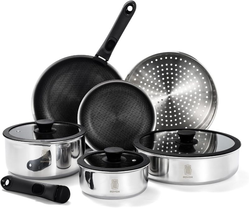 Photo 1 of ROYDX New Model Hybrid Nonstick Cookware Set 19-Piece Stainless Steel Pots and Pans Set with Removable Handles, Save Space,Dishwasher and Oven Safe, Induction Ready, Compatible with All Cooktops