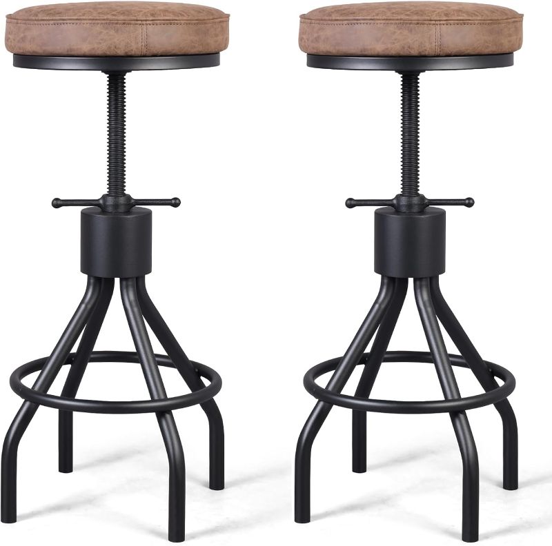 Photo 1 of Set of 2-Vintage Bar Stool Swivel PU Leather Seat Kitchen Island Workbench Chair Height Adjustable 23-31 inch