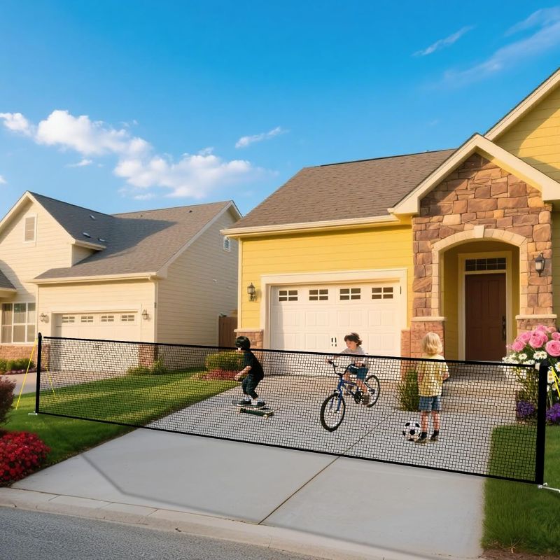 Photo 1 of Driveway Safety Net for Kids 20FT Wide 40Inch Tall - Driveway Guard Barrier Net Fence with Upgraded Ground Stakes and Reflective Strips, Driveway Gate Mesh Ball Stopper Netting for Outdoor Backyard