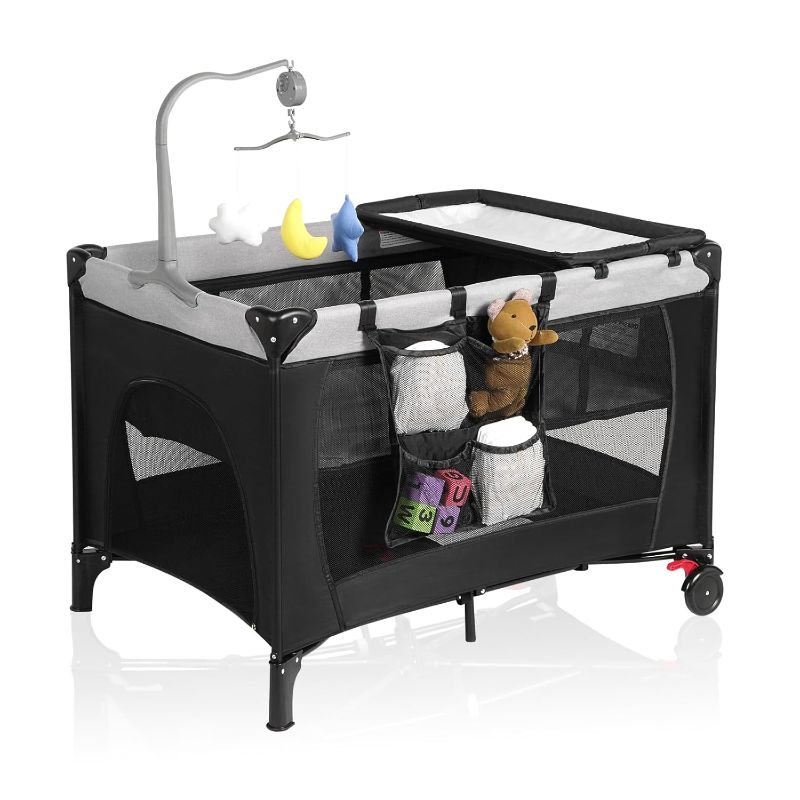 Photo 1 of Pack and Play with Changing Table & Carry Bag, 4-in-1 Portable Crib Playpen for Newborn to Toddler, ASTM Certified Foldable Travel Crib with Bassinet(A-Black)