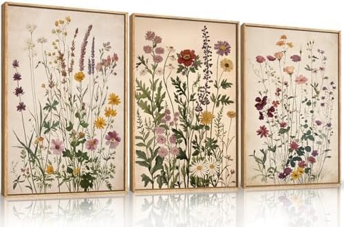 Photo 1 of Ausril Vintage Wildflower Watercolor Framed Canvas Wall Art Set, Retro Flower Botanical Wall Decor, Colorful Floral Wall Painting, Flower Illustration Art Prints for Living Room, Bedroom 24"x36"x3