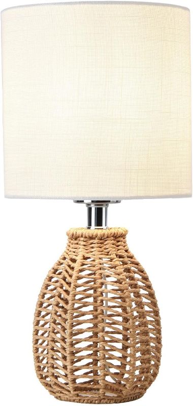 Photo 1 of KUNJOULAM Rattan Table Lamp, Small Nightstand Lamp with Linen Fabric Lampshade, Desk Lamp Bedside Lamp for Living Room Home Office, Without Buld