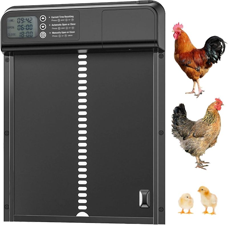 Photo 1 of Automatic Chicken Coop Door - Thickening Aluminum Automatic Chicken Coop Door Battery Powered with Timer LCD Screen - Waterproof Chicken Coop Door Chicken Coop Accessories, Black