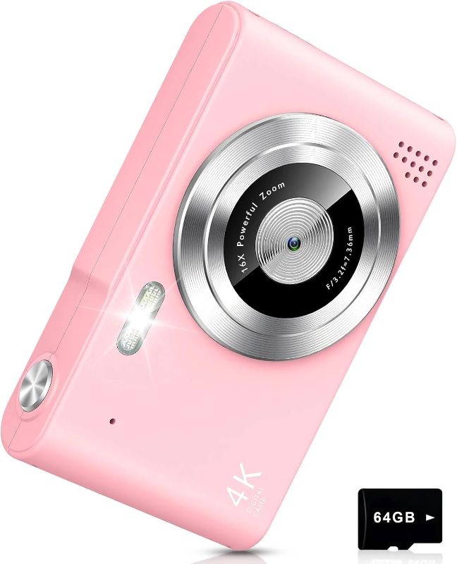 Photo 1 of Digital Camera, Camera for Kids, UHD 4K 48MP Point and Shoot Digital Cameras with 64GB SD Card and 16X Digital Zoom Anti Shake, Compact Portable Small Gift for Boys Girls Students, Pink