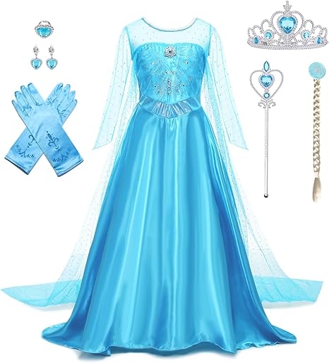 Photo 1 of 4-5 Years old Elsa Dress for Girls Princess Dress Up Halloween Cosplay Elsa Costume Fancy Dress Birthday Outfit with Accessories