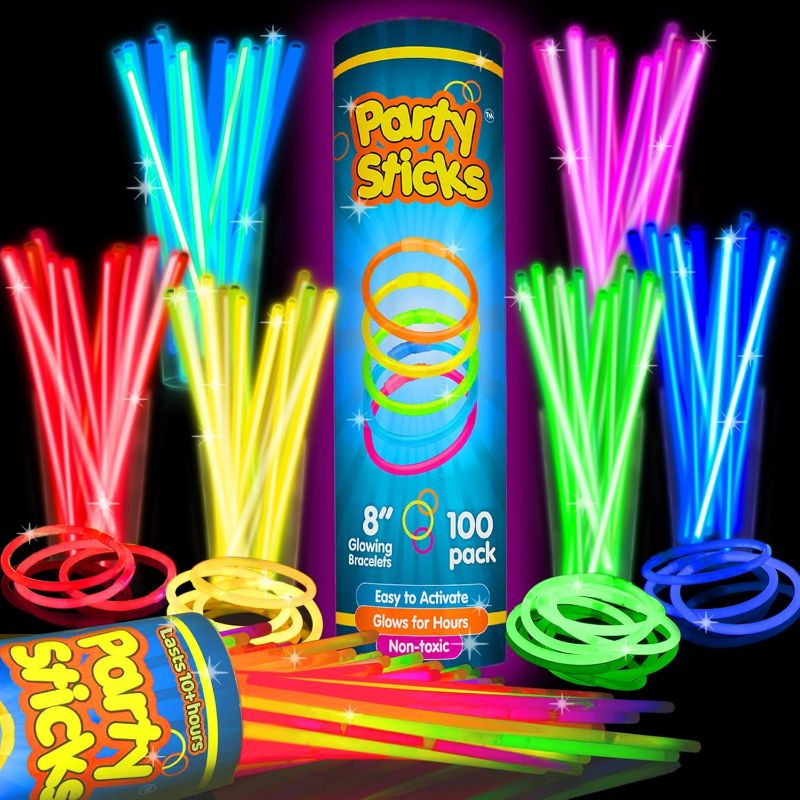 Photo 1 of PartySticks Ultra Bright Glow Sticks Bulk Party Supplies 100 Pack - 8" Glow in the Dark Light Up Halloween Party Favors, Glow Decorations, Neon Party Necklaces and Bracelets with Connectors
