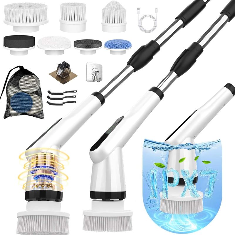 Photo 1 of Electric Spin Scrubber, Dreazu IPX7 Bathroom Scrubber with 7 Replaceable Brush Heads & Retractable Handle, 2-Speed Adjustable Shower Cleaner Brush for Bathroom, Bathtub, Kitchen, Tile Floors