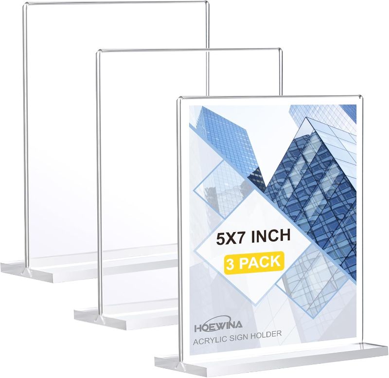 Photo 1 of Hoewina Acrylic Sign Holder 5 x 7 Inch 3 Pack - Business & Store Sign Holders - Vertical Double-Sided Acrylic Stands