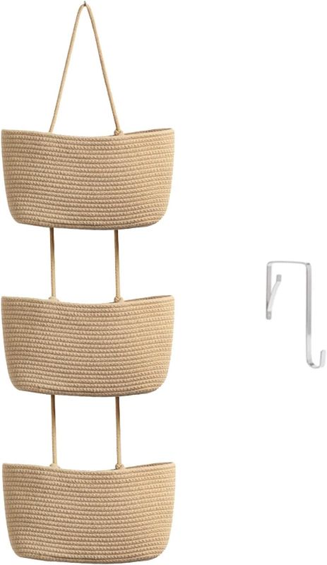 Photo 1 of TeoKJ Over the Door Hanging Basket, 3-Tier Woven Cotton Wall-Mounted Storage Organizer Bag Decorative Hanging Nursery Baskets - Jute