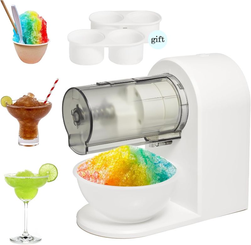 Photo 1 of Snow Cone Shved Ice Machine Electric Ice Shaver Machine with 2 Usable Plastic Ice Mold Cups Portable Snow Cone Maker for Home,Kids Party,Easy to DIY,White