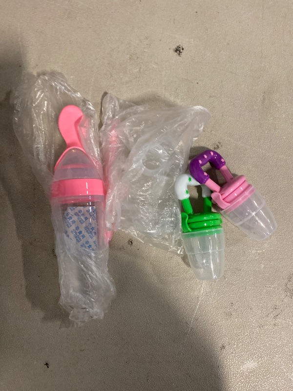 Photo 1 of WAJIAYON Baby Fruit Feeder Pacifier - 5 Pack | 2 Mesh Infant Food Feeder Pacifier & 1 Baby Food Dispensing Spoon | Fresh Fruit Teethers for Babies |Shower Gifts for Boys and Girls (Pink & Green)