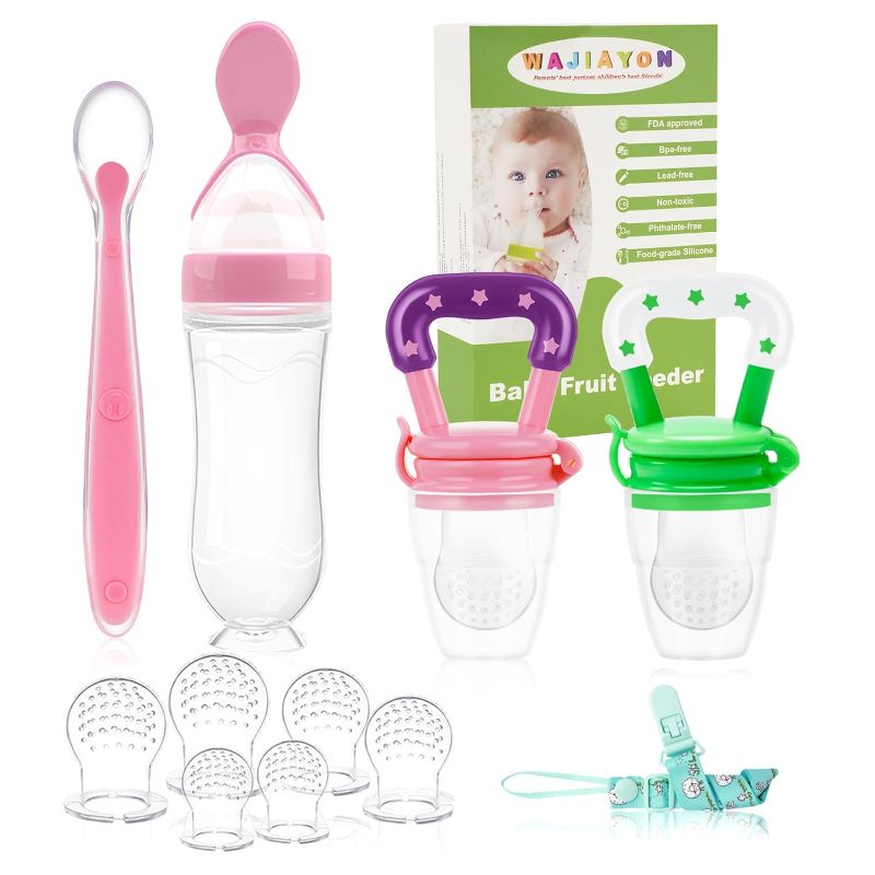Photo 1 of WAJIAYON Baby Fruit Feeder Pacifier - 5 Pack | 2 Mesh Infant Food Feeder Pacifier & 1 Baby Food Dispensing Spoon | Fresh Fruit Teethers for Babies |Shower Gifts for Boys and Girls (Pink & Green)