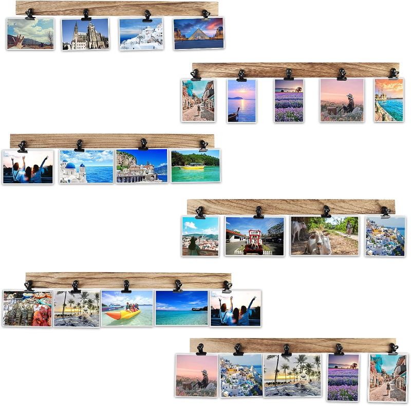 Photo 1 of 6 Wooden Wall Hanging Photo Frames With 27 Clips, Decorative Collage Picture Frame, No Drilling Required, Adhesive Stickers, Easy to Install, Carbonized Brown
