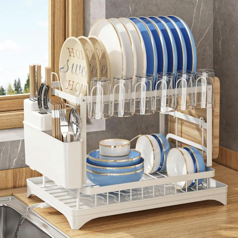 Photo 1 of Double-Layer Dish draining Rack, Sink and countertop Metal Dish Rack Storage Rack, with Tableware Rack and draining Board (Black) (White)