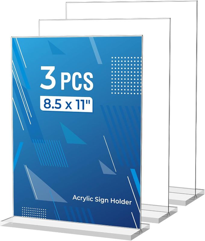 Photo 1 of 3 Pack Acrylic Sign Holder 8.5 x 11 Inches, Clear Menu Stand, Vertical Flyer Display, Table Paper Holder, Desk Brochure, Plastic Sign Display for Restaurants, Office, Store