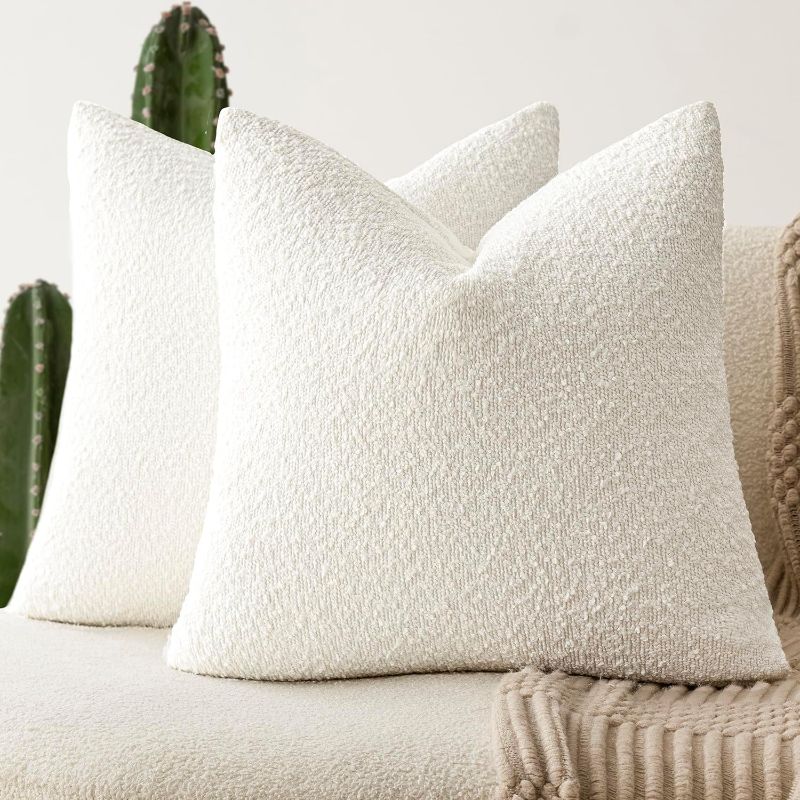Photo 1 of Foindtower Pack of 2, 20 x 20 Inch, Decorative Textured Boucle Throw Pillow Covers Accent Solid Pillow Cases Cozy Soft Couch Cushion Case for Chair Sofa Bedroom Living Room Home Decor, Cream White