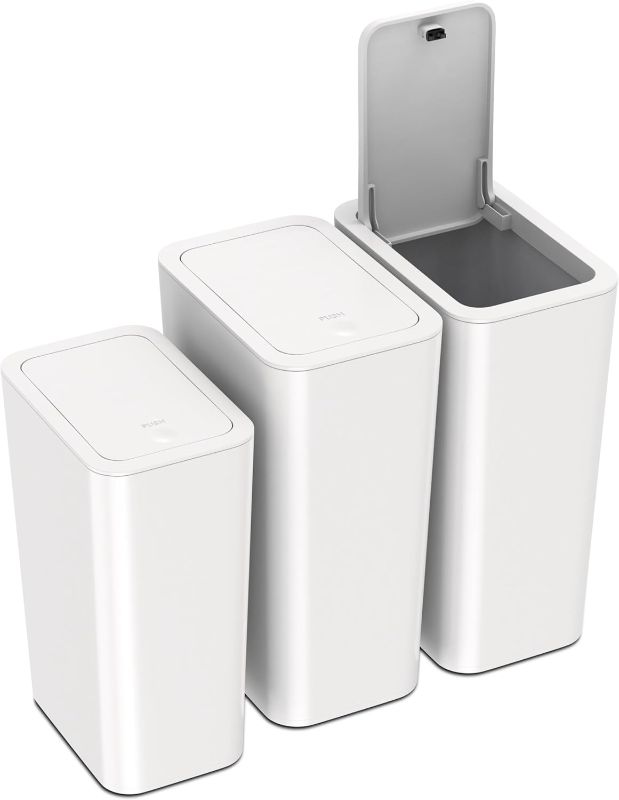 Photo 1 of N. NETDOT 3 Pack (2 of 4 Gal & 1 of 2.6 Gal) Small Trash Can with Lid,Bathroom Garbage Can with Pop-Up Lid,Waste Basket for Bathroom,Kitchen,Bedroom,Powder Room,Craft Room,Office,College (Off White)
