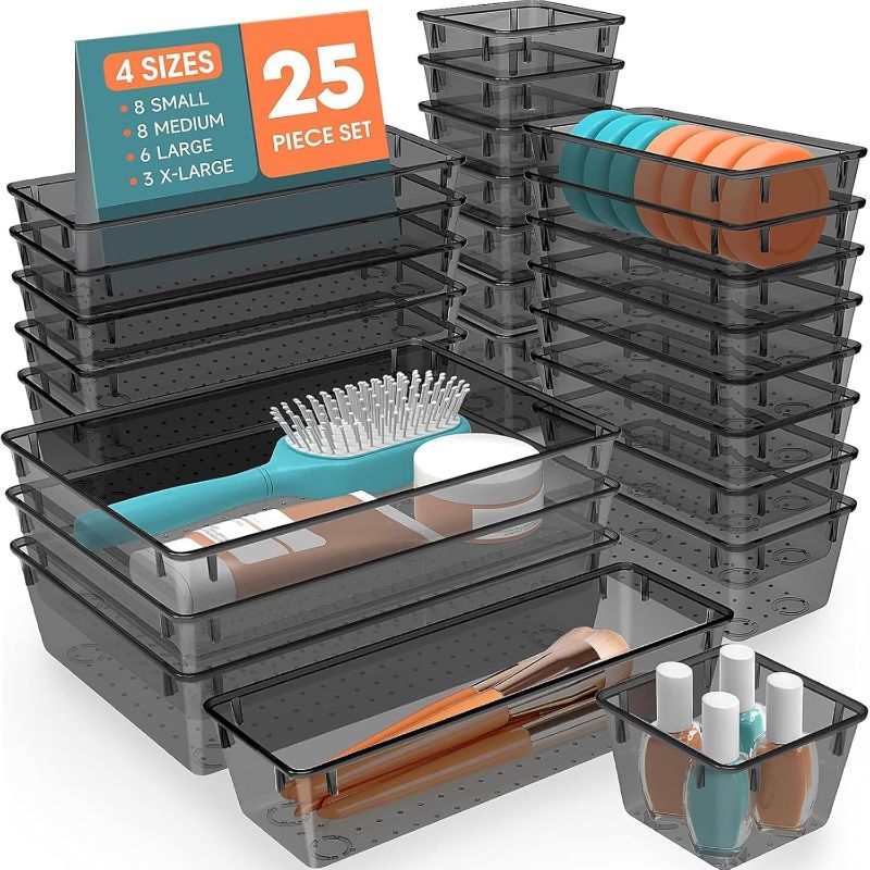 Photo 1 of 25 PCS Plastic Drawer Organizer Set, 4-Size Versatile Organizer Trays & storage Bins for Makeup, Jewelry, and Gadgets in Bathroom, Bedroom and Office,Clear Black