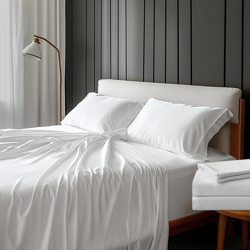 Photo 1 of California King Sheets 100% Viscose Derived from Bamboo  Ultra Soft Fitted Sheets with 4 Elastic Straps 18 Inch Deep Pocket Cooling for Hot Sleepers