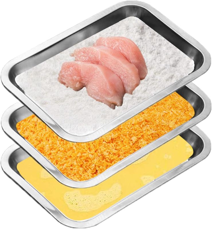 Photo 1 of 3 Pack Stainless Steel Breading Trays Set,Breading Pans for Marinating, and Prepping Meat Chicken and Fish 10.4" x 7.7" x 1.9"
