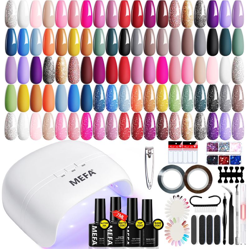 Photo 1 of MEFA Gel Nail Polish Kit with U V Light, 32 Colors All Seasons Soak Off 60 Pcs Gel Polish Nail Set with Matte/Glossy Glitter Base Top Coat Manicure Tools Nails DIY Decorations Gifts for Women