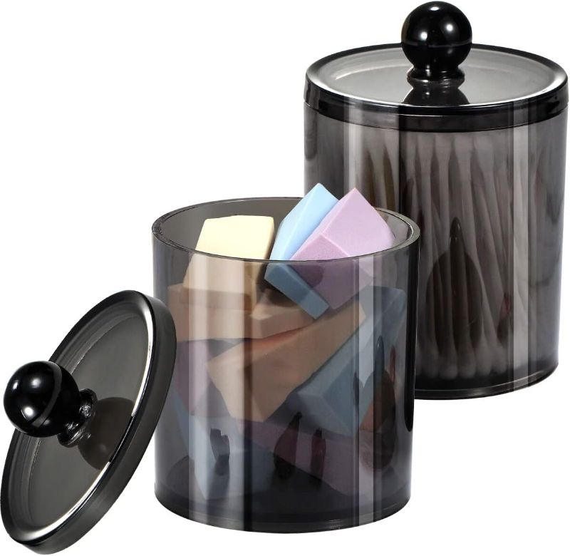 Photo 1 of SheeChung 2 Pack of 10 Oz. Small Clear Plastic Apothecary Jar - Qtip Dispenser Holder Bathroom Vanity Storage Canister Acrylic Jar for Cotton Balls/Swabs/Rounds,Q-tips (Black)