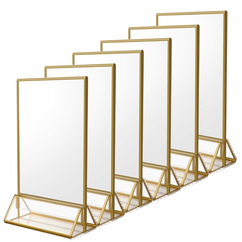 Photo 1 of NIUBEE 6Pack 4 x 6 Clear Acrylic Sign Holder with Silver Borders and Vertical Stand, Double Sided Table Menu Holders Picture Frames for Wedding Table Numbers, Restaurant Signs, Photos and Art Display