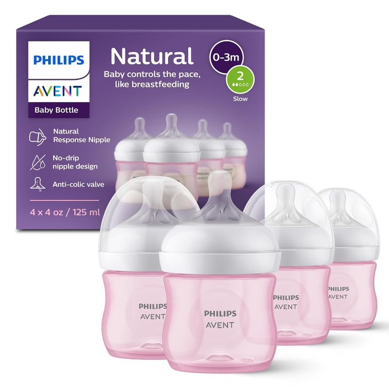 Photo 1 of Philips Avent Natural Baby Bottles with Natural Response Nipples (Slow Flow, Flow 2), 4oz, Pink, 4-Pack, SCY900/14