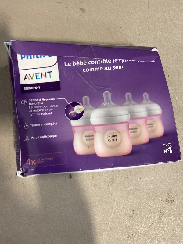 Photo 1 of Philips Avent Natural Baby Bottles with Natural Response Nipples (Slow Flow, Flow 2), 4oz, Pink, 4-Pack, SCY900/14
