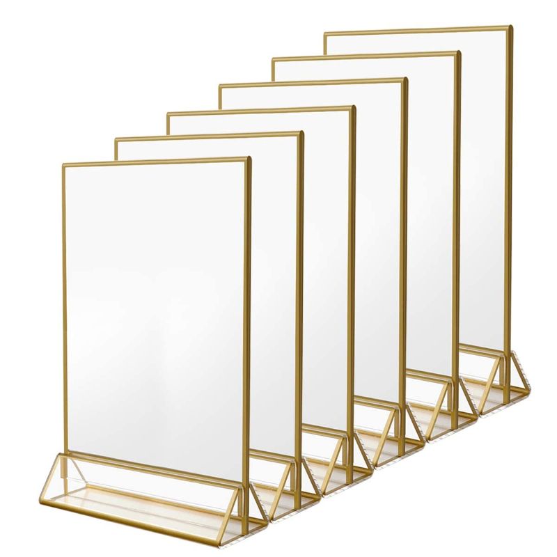 Photo 1 of NIUBEE 6Pack 8.5 x 11 Acrylic Sign Holder with Gold Frames and Vertical Stand, Ideal for Display Wedding Table Numbers, Double Sided Picture, Clear Photos, Menu Holders