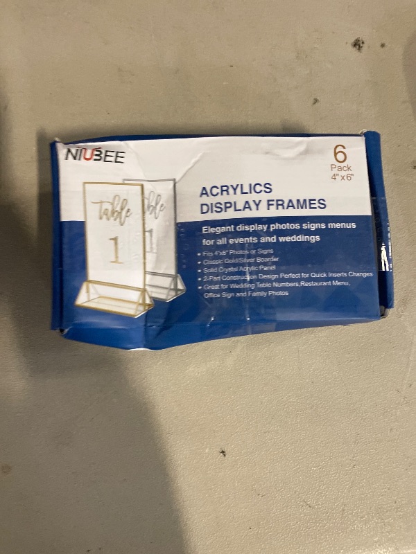 Photo 1 of NIUBEE 6Pack 8.5 x 11 Acrylic Sign Holder with Gold Frames and Vertical Stand, Ideal for Display Wedding Table Numbers, Double Sided Picture, Clear Photos, Menu Holders