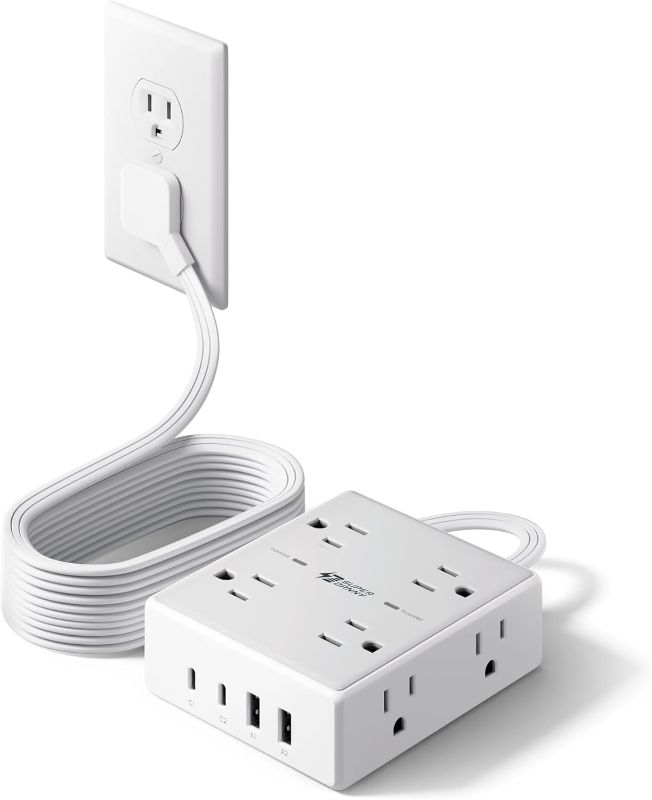 Photo 1 of 10Ft Extension Cord with Multiple Outlets, Flat Plug Surge Protector Power Strip 10 Ft Long Cord, 8 Outlets & 4 USB Ports (2 USB C), Desk Charging Station for Home Office, College Dorm Room Essentials