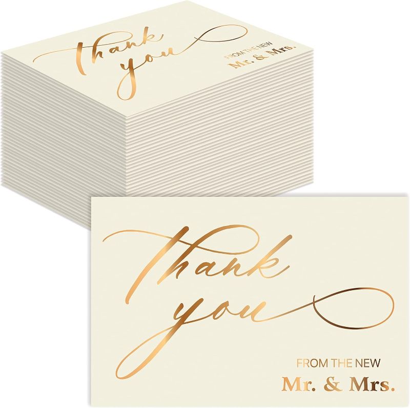 Photo 1 of Better Office Products 50 Pack Wedding Thank You Cards in Metallic Gold with Envelopes, Thank You From The New Mr and Mrs, 4 x 6 Inch, Blank Cards, 50 Count Boxed Set