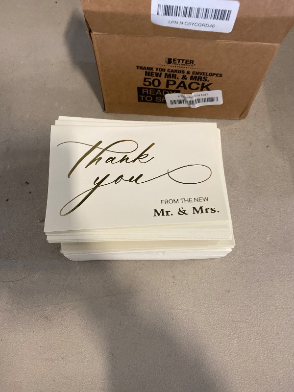 Photo 1 of Better Office Products 50 Pack Wedding Thank You Cards in Metallic Gold with Envelopes, Thank You From The New Mr and Mrs, 4 x 6 Inch, Blank Cards, 50 Count Boxed Set