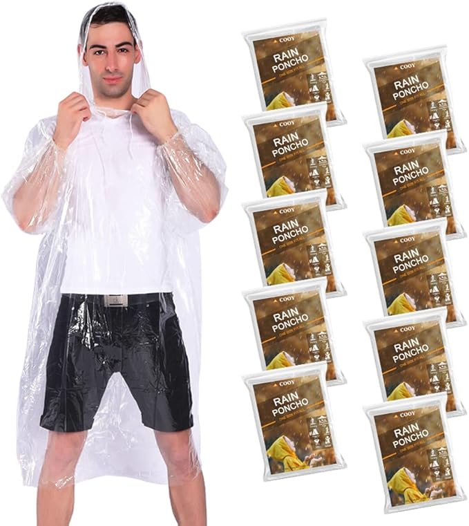 Photo 1 of Rain Ponchos,with Drawstring Hood 10 Pack Emergency Disposable Rain Ponchos Family Pack for Adults,Clear