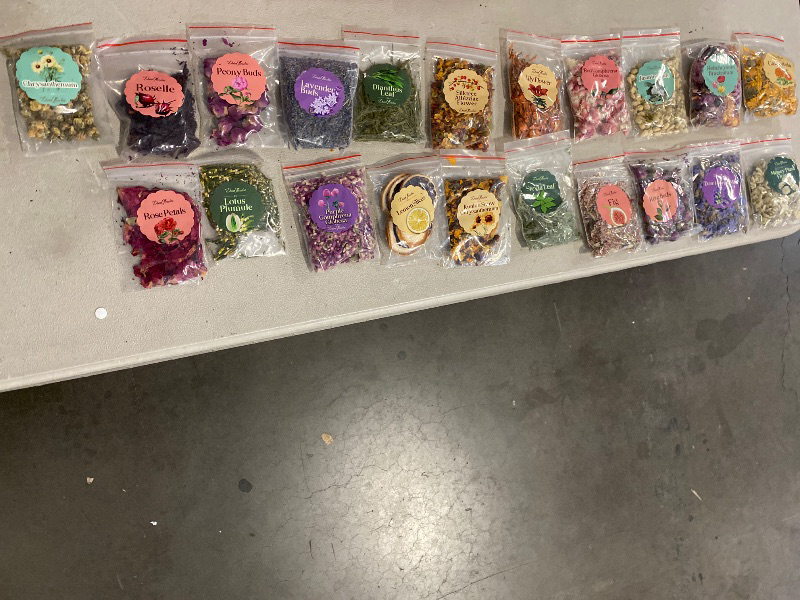 Photo 1 of Natural Dried Fruit and Flower Kit for DIY Crafts - 25 Bags, Ideal for Soap Making, Candle Making, Resin Jewelry, Bath Bombs, and Nail Art - Includes Rose Petals, Rosebuds, Lilium, Jasmine, and More