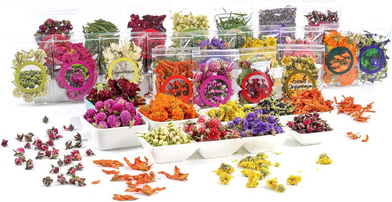 Photo 1 of Natural Dried Fruit and Flower Kit for DIY Crafts - 25 Bags, Ideal for Soap Making, Candle Making, Resin Jewelry, Bath Bombs, and Nail Art - Includes Rose Petals, Rosebuds, Lilium, Jasmine, and More