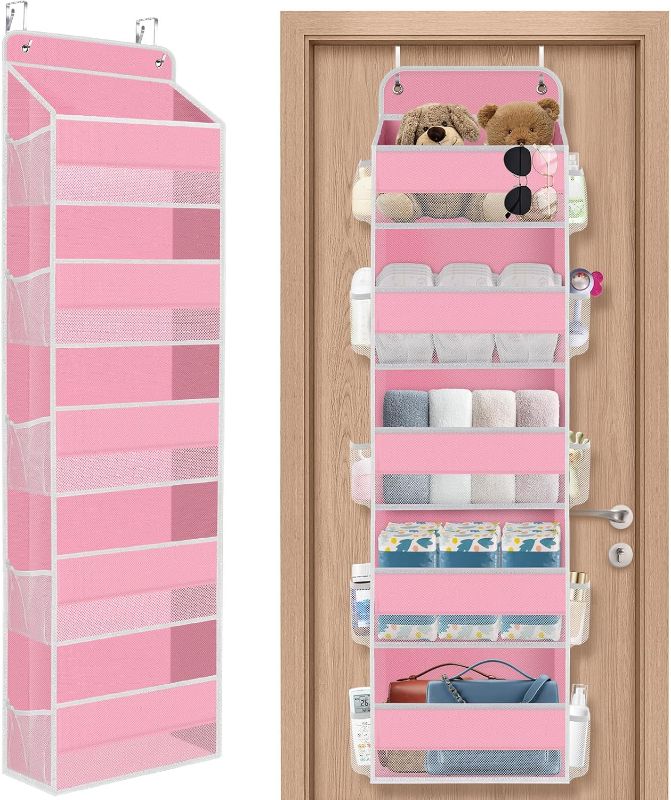 Photo 1 of 5-Tier Over The Door Organizer Hanging Storage Organizers with Clear Window 40lb Large Capacity Room Organizer for Pantry Bathroom Nursery Closet(Pink)