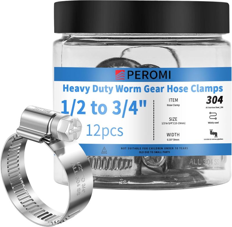 Photo 1 of 12PCS Heavy Duty Hose Clamps Stainless Steel 304,1/2" Hose Clamp to 3/4" Hose Clamp (13-19mm) Adjustable Worm Gear Drive Hose Clamps, Reusable Pipe Clamp for Automotive and Industrial Use