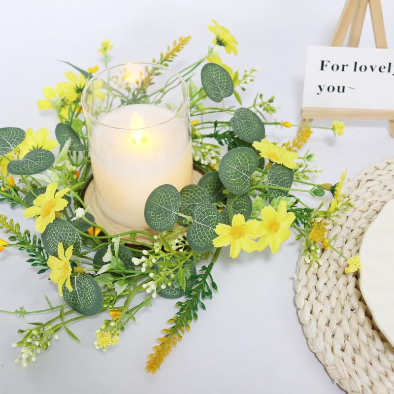 Photo 1 of Fall Small Daisy Candle Rings Wreaths 2 Pack Artificial Eucalyptus Sunflower Floral Candle Ring for Cabinet Pillar Candle Holiday Windows Mantle Thanksgiving Table Decor (Yellow)