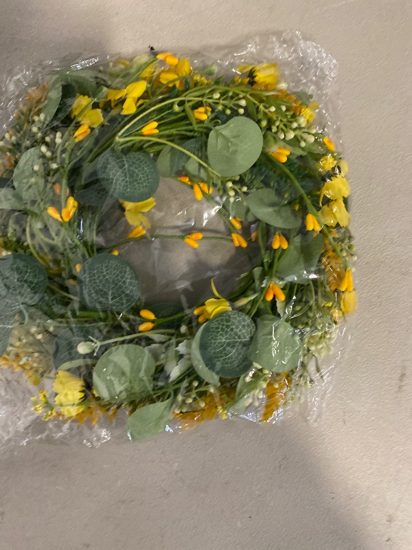 Photo 1 of Fall Small Daisy Candle Rings Wreaths 2 Pack Artificial Eucalyptus Sunflower Floral Candle Ring for Cabinet Pillar Candle Holiday Windows Mantle Thanksgiving Table Decor (Yellow)