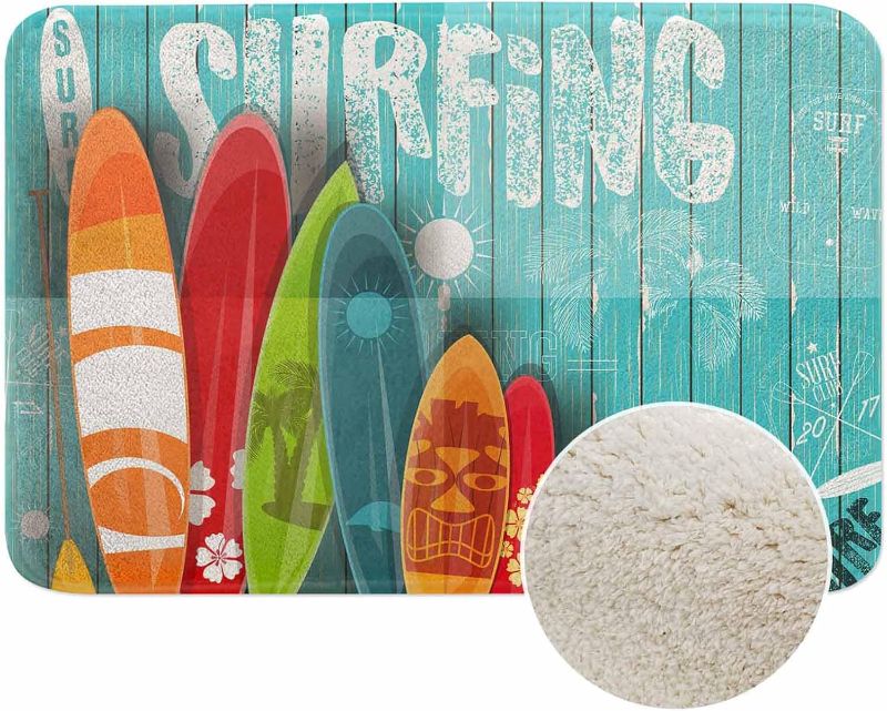 Photo 1 of Surfing Vintage Style Bath Rugs for Bathroom Surfboards on Blue Wooden Background Durable Flannel Bath Rug Clearance Mats for Forlaundry Room and Kitchen Decor Carpt Washable 20 X 32 in Mat