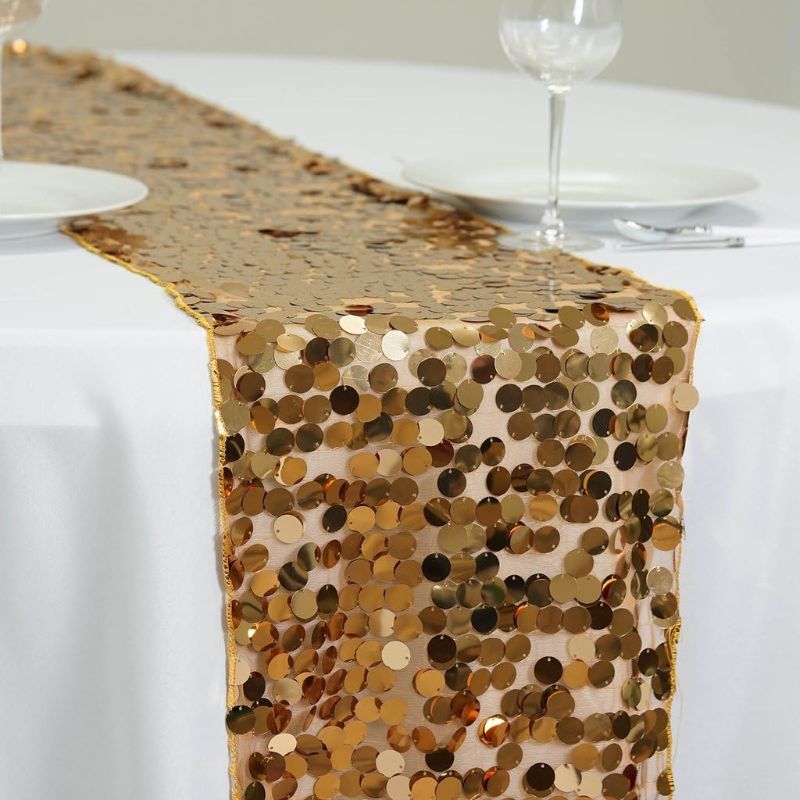 Photo 1 of BalsaCircle 13 x 108-Inch Gold Payette XL Sequin Table Top Runner - Wedding Party Event Reception Occasions Linens Decorations